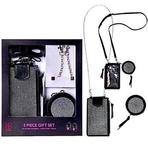 NEW IN BOX Crossbody Bag 3Pc Gift Set Black Rhinestone Strap Chain + Accessories